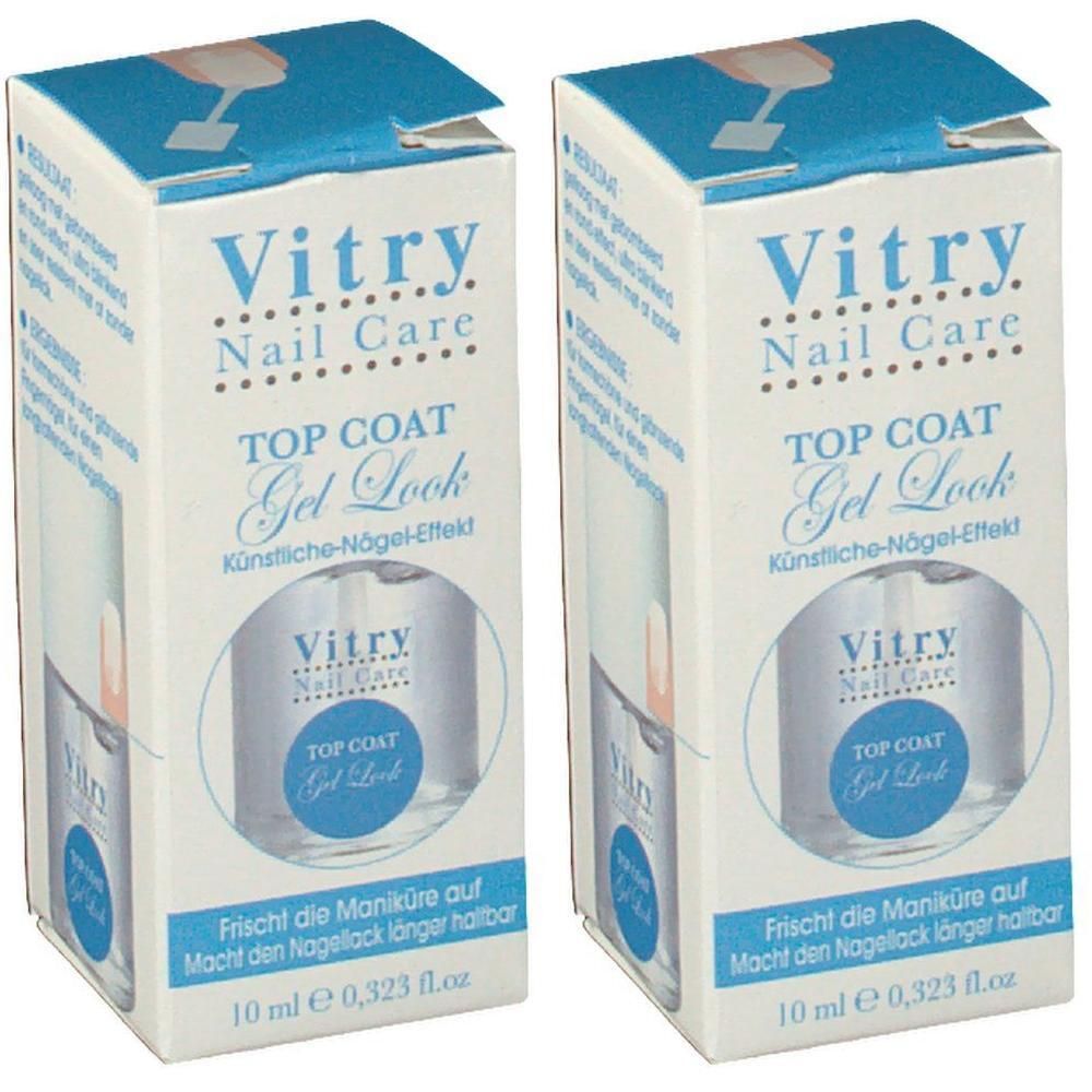 Vitry Top Coat Gel Look nagellak, 10 ml. Twee doosjes met elk een flesje.