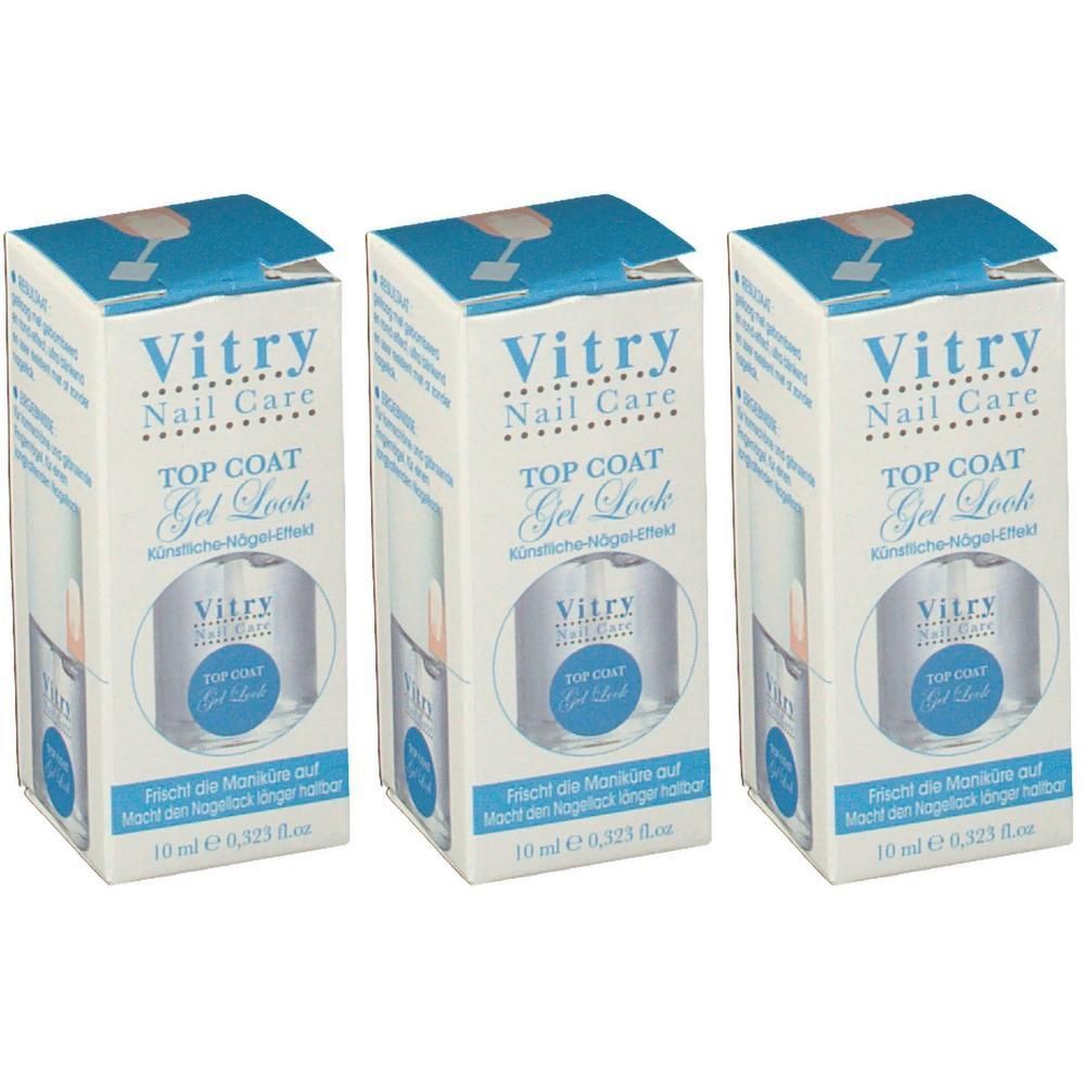 Vitry Top Coat Gel Look nagellak, 10 ml. Drie dozen met elk een flesje.