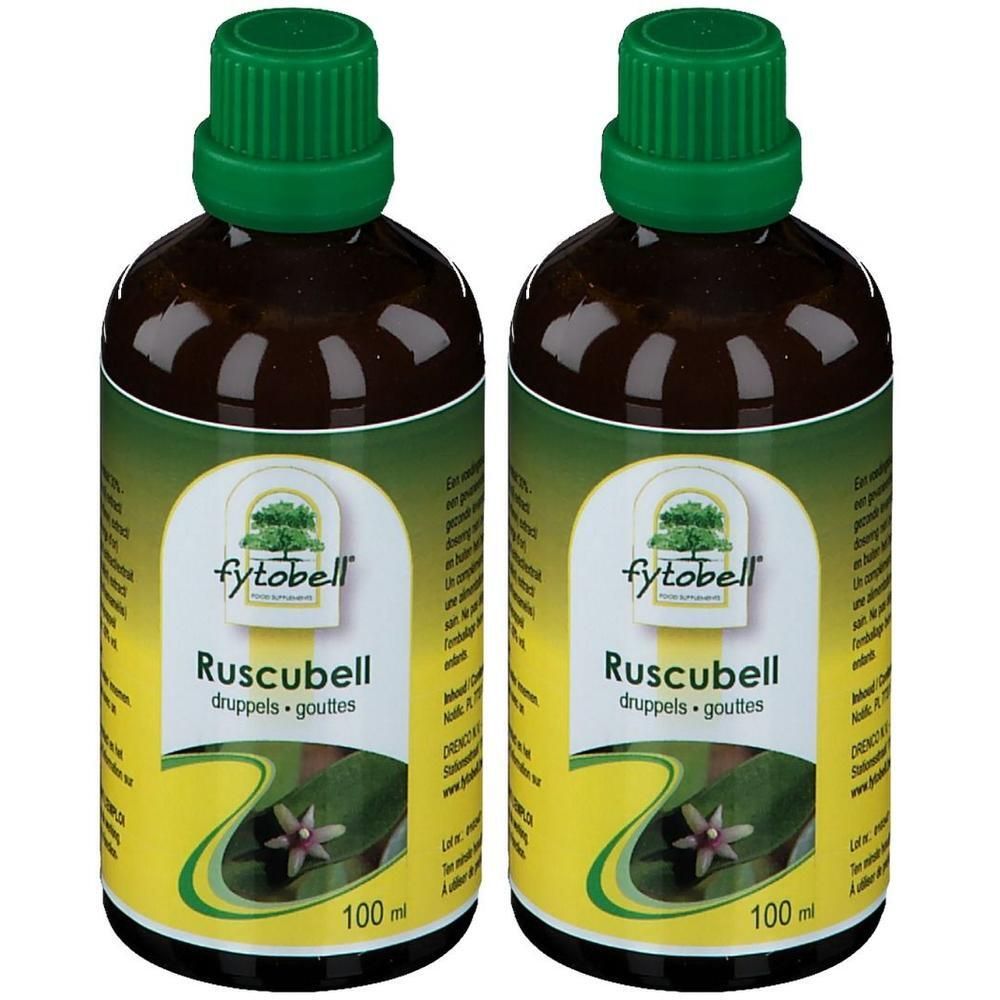 Deux flacons de 100ml de gouttes Fytobell Ruscubell avec bouchons verts.