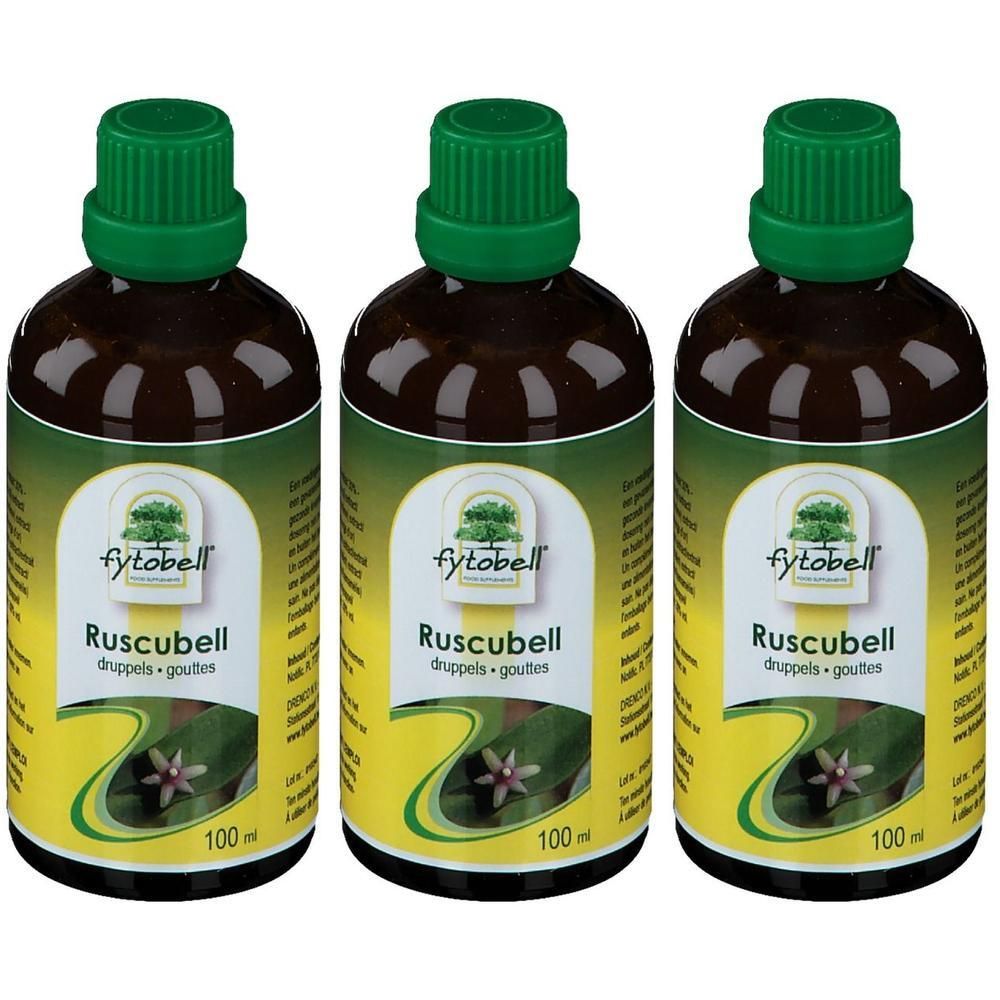 Drie flessen Fytobell Ruscubell druppels, elk 100 ml, met groene doppen en etiketten.