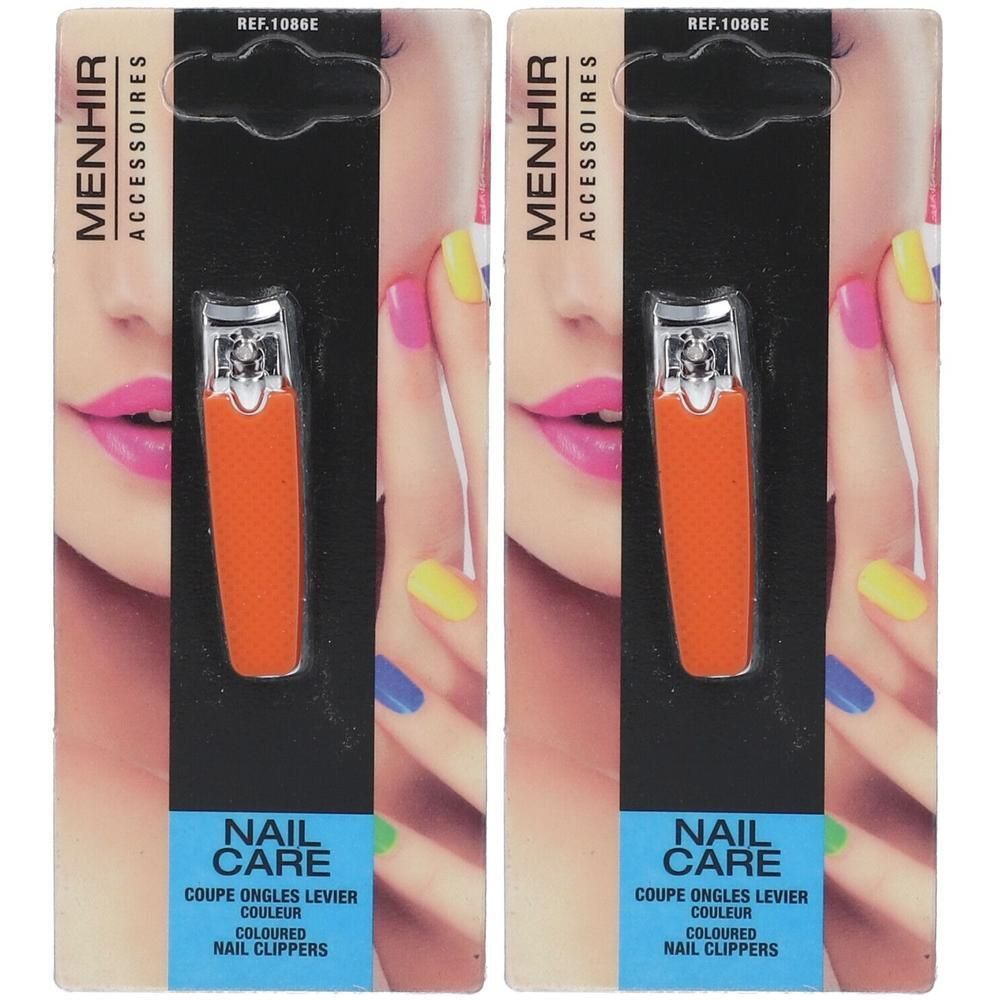Deux coupe-ongles orange avec levier argenté, présentés dans un emballage blister avec une image de mains aux ongles colorés.
