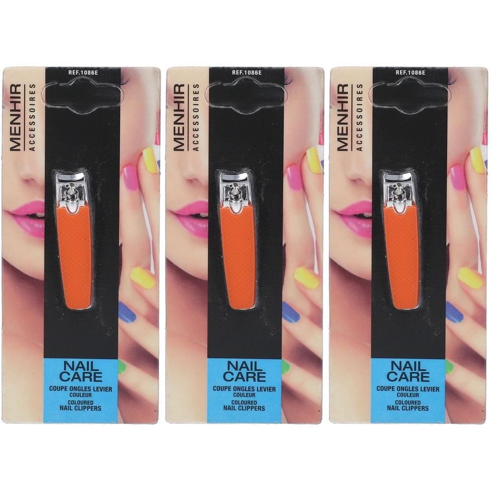 Coupe-ongles orange avec levier argenté, présenté en blister.