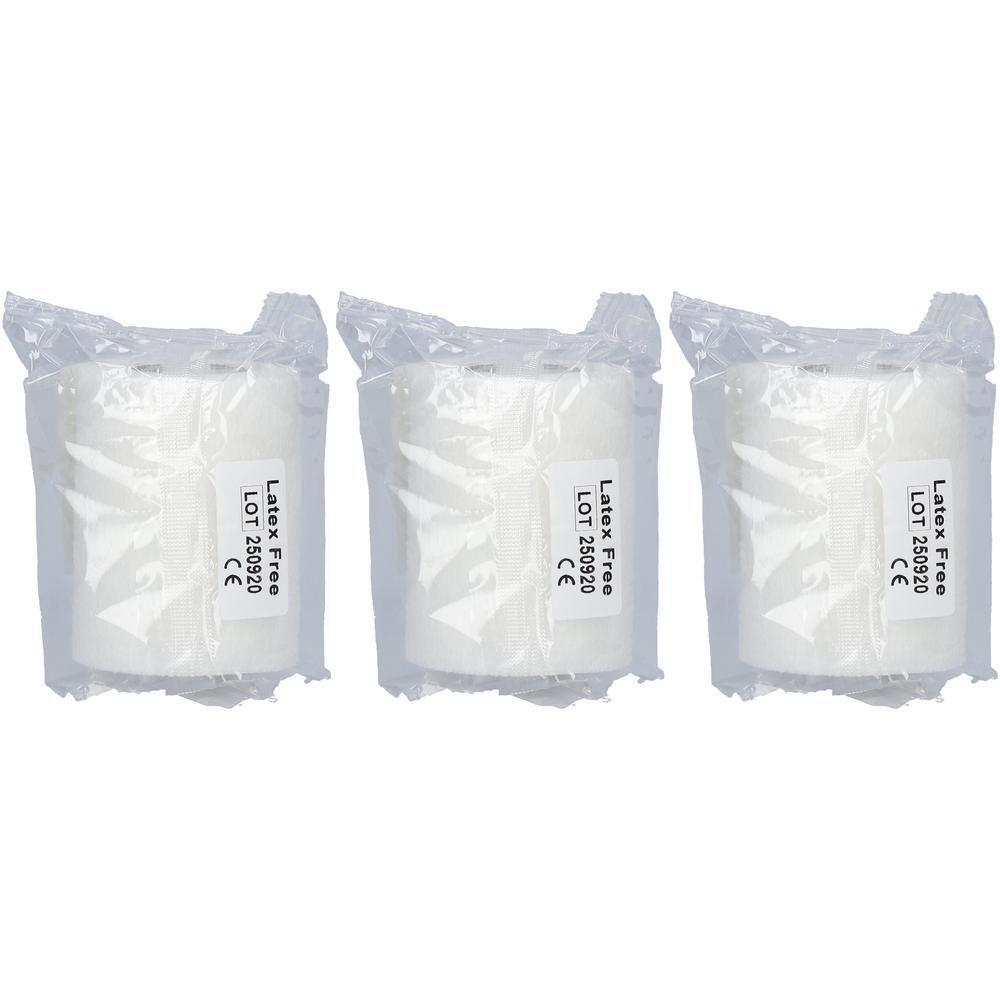 Trois rouleaux de bandage adhésif blanc, sans latex, emballés individuellement. Marquage CE visible.