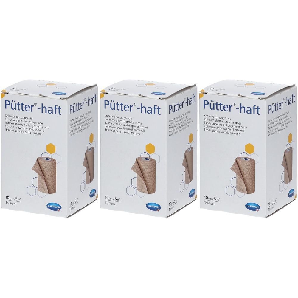 Drie pakken Hartmann Pütter-haft, cohesief kort rekverband, 10cm x 10m.