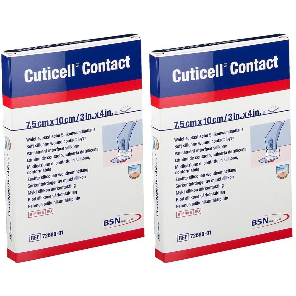 Deux paquets de pansements Cuticell Contact, 7,5 x 10 cm. BSN Medical.