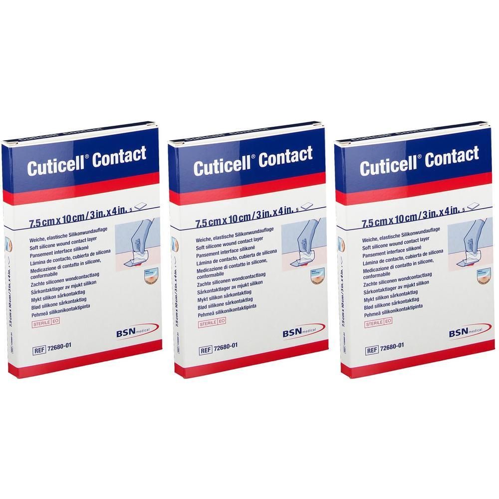 Trois paquets de pansement Cuticell Contact, 7,5 x 10 cm.