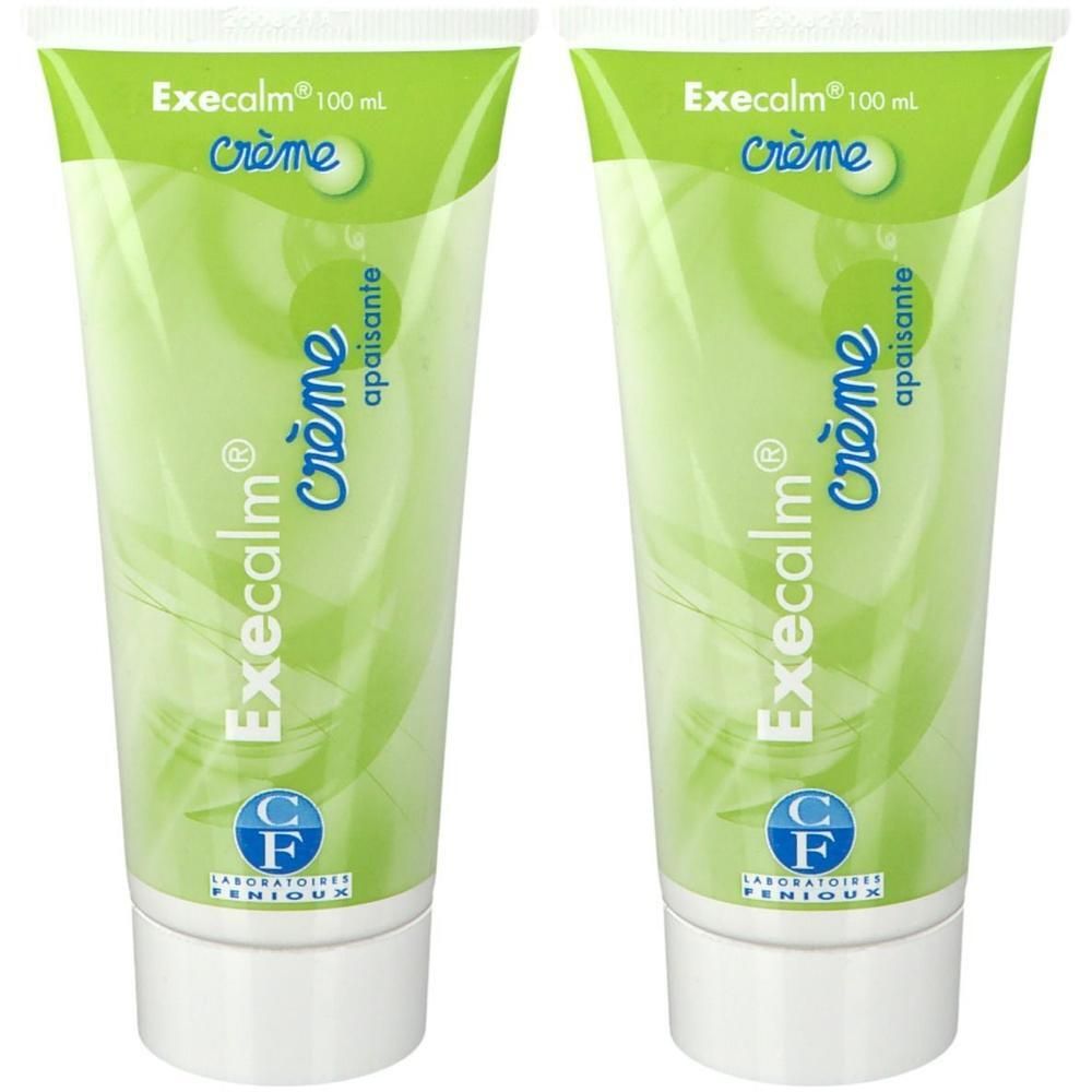 Twee tubes Execalm Crème 100 ml, kalmerende formule, logo Laboratoires Fenioux.