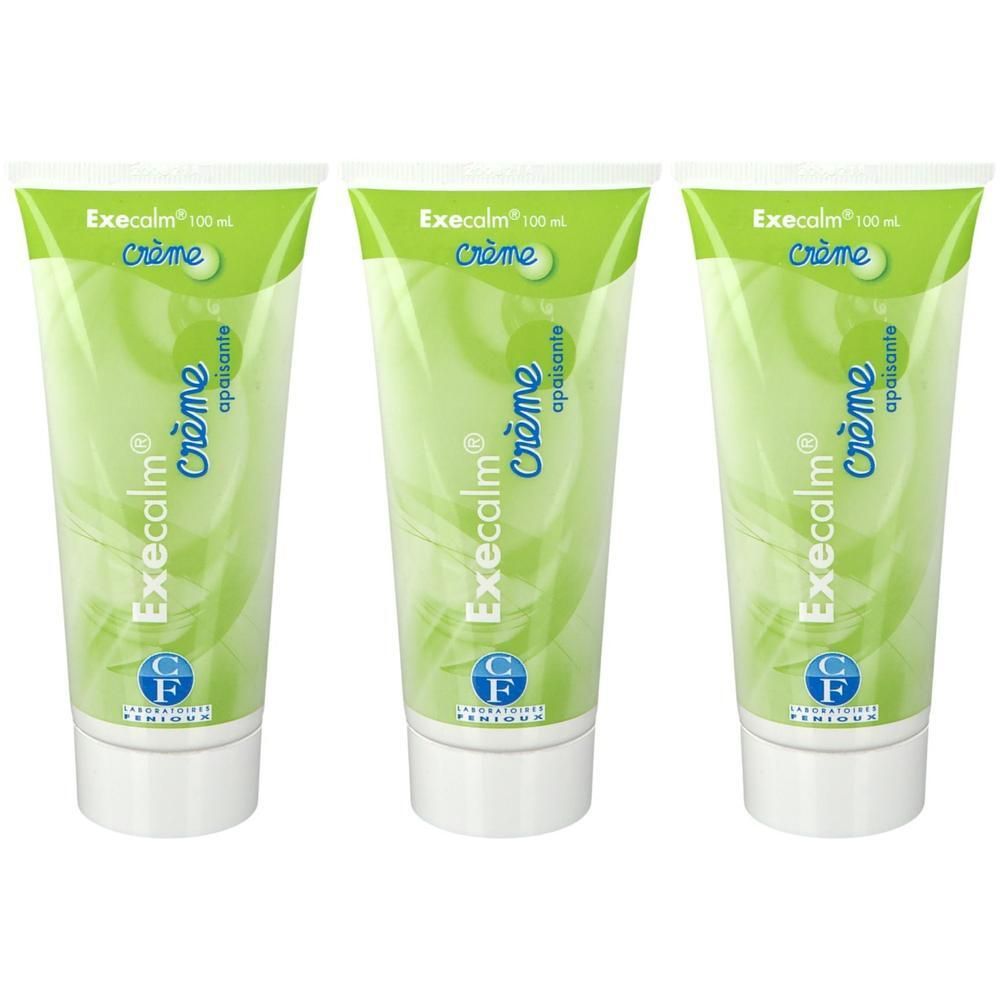 Drie tubes Execalm crème, elk 100 ml, met kalmerende opdruk.