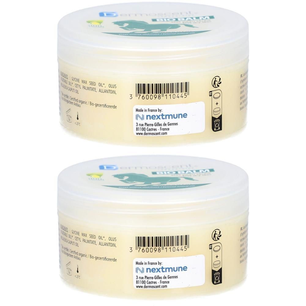 Deux pots de Dermoscent Bio Baume pour chevaux.