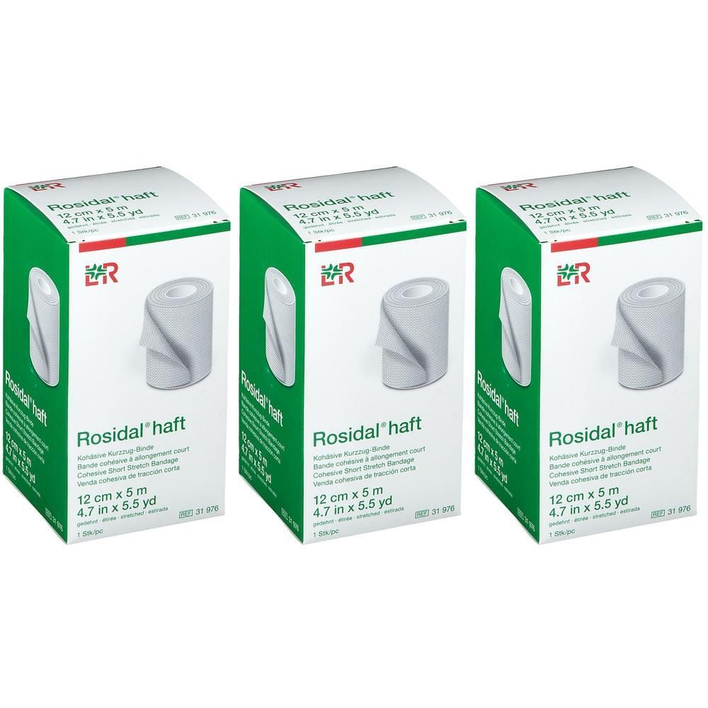 Trois paquets de bandes compressives Rosidal Haft, 12 cm x 5 m.