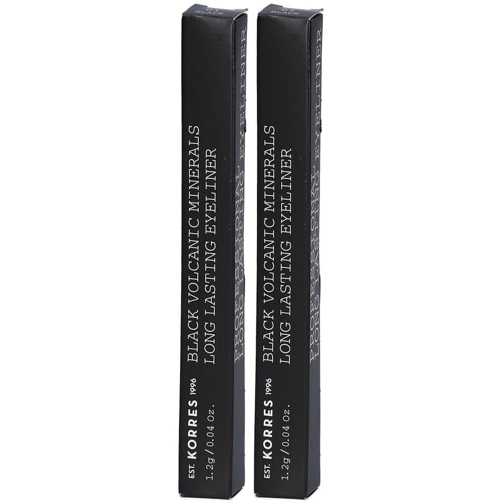 Twee doosjes zwarte eyeliner met de tekst "Black Volcanic Minerals Long Lasting Eyeliner".