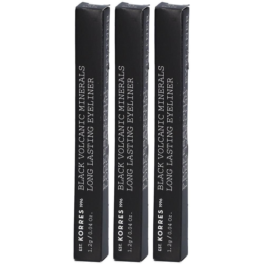 Drie zwarte verpakkingen voor Korres Black Volcanic Minerals Long Lasting Eyeliner.