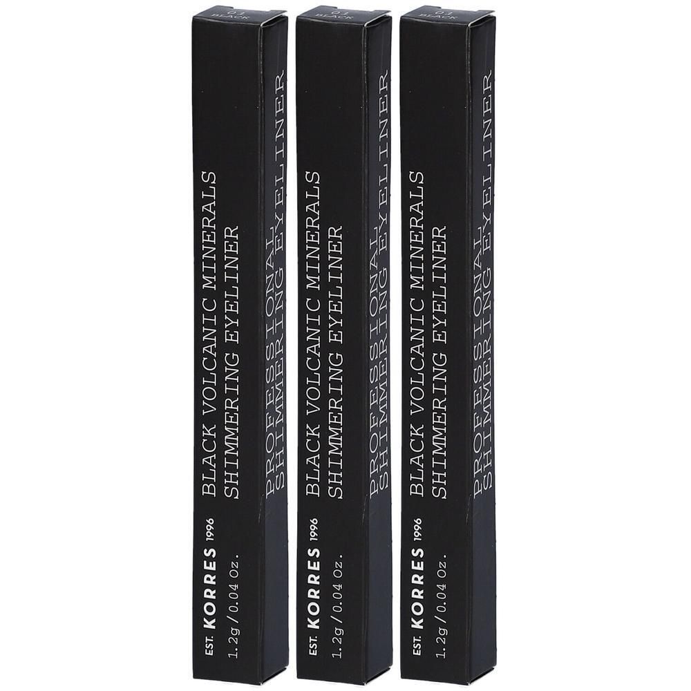 Trois boîtes noires de Korres Black Volcanic Minerals Shimmering Eyeliner.