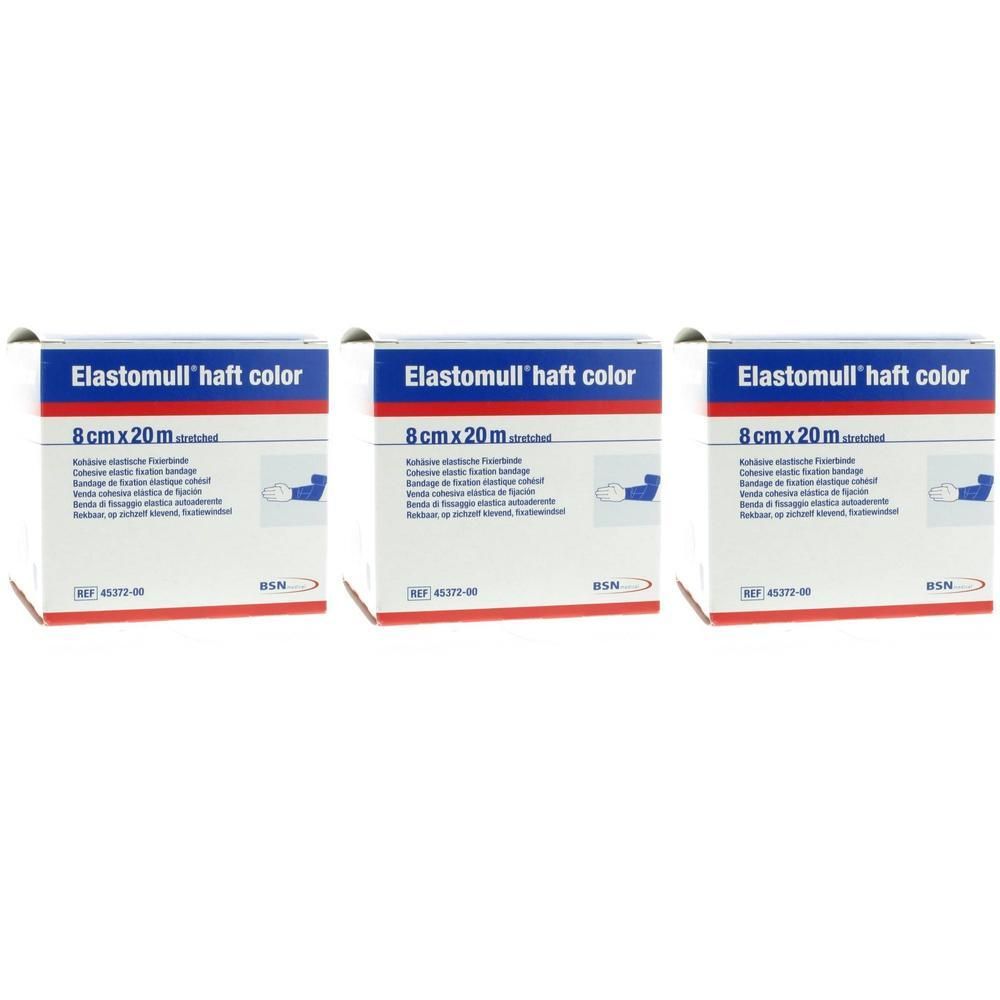 Trois paquets de bandage adhésif élastique Elastomull Haft Color, 8cm x 20m.