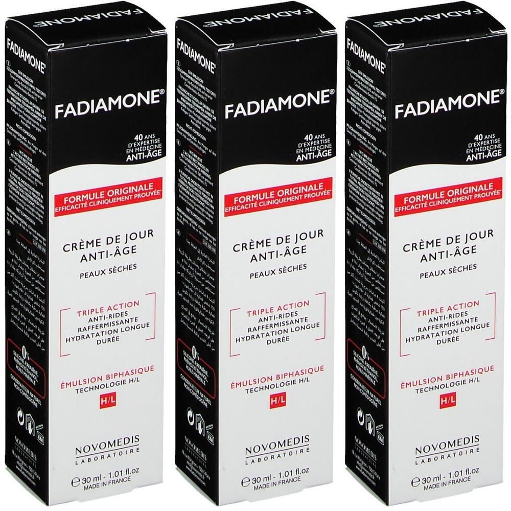 Trois boîtes de crème de jour Fadiamone Anti-Âge pour peaux sèches. 30 ml.