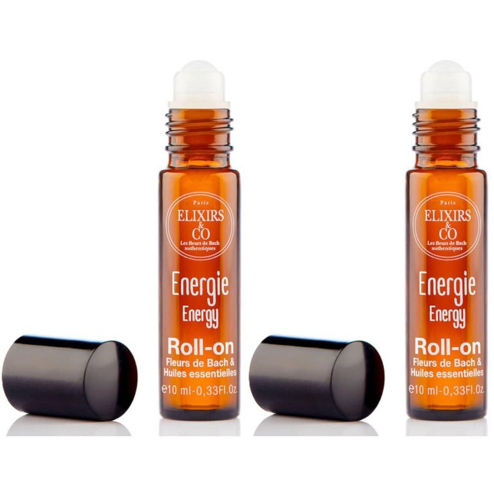 Twee ELIXIRS & CO Roll-on Energie flesjes van 10 ml elk, met donkere doppen.