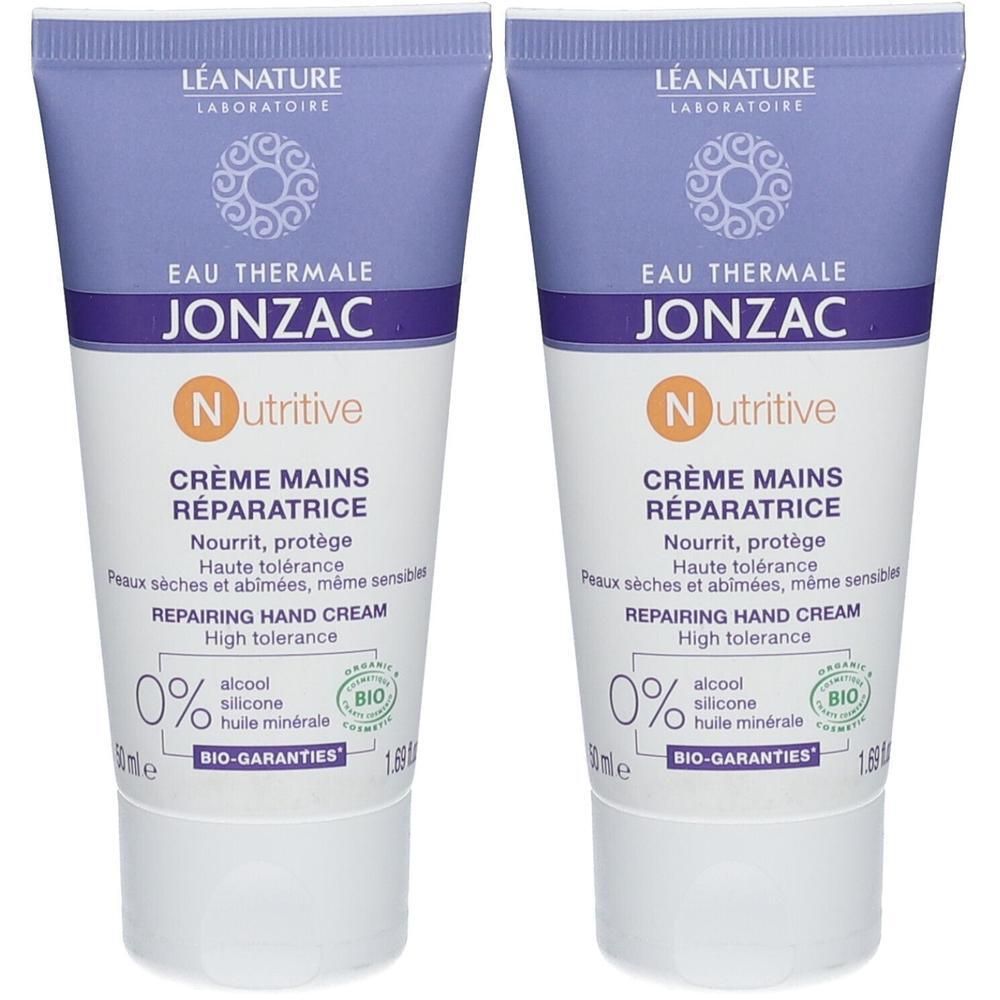 Twee tubes Jonzac Nutritive handcrème. De verpakking toont "Réparatrice", "Nourrit, protège", "Haute tolérance" en "BIO-GARANTIES".