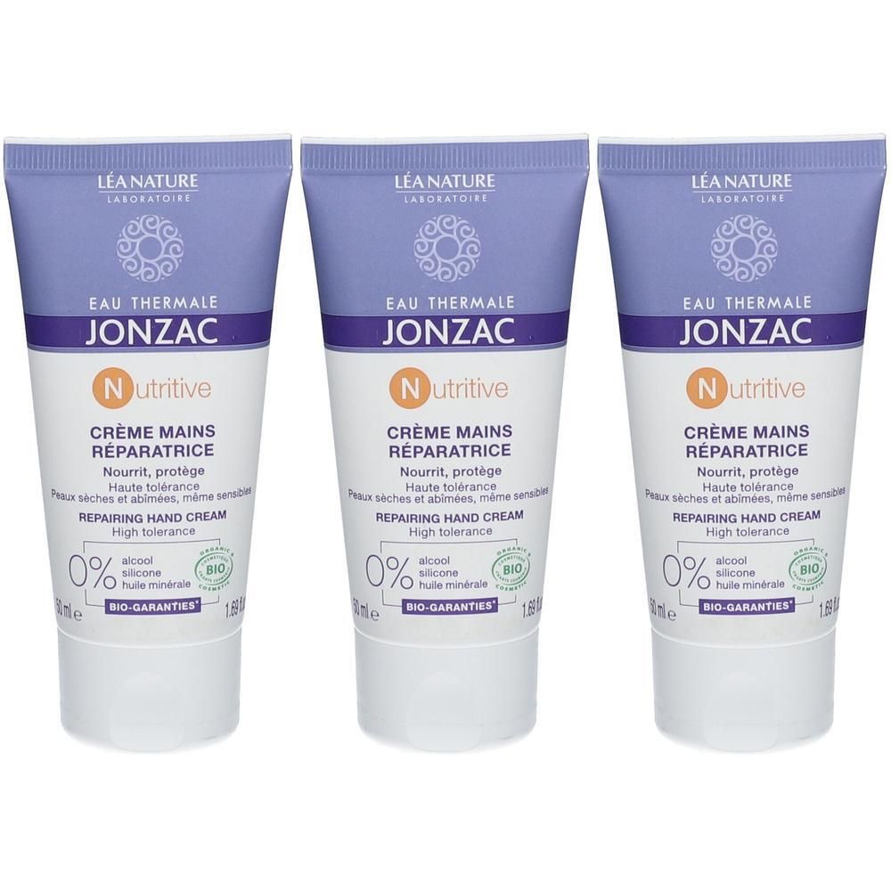 Trois tubes de Crème Mains Réparatrice Jonzac Nutritive. Haute tolérance.