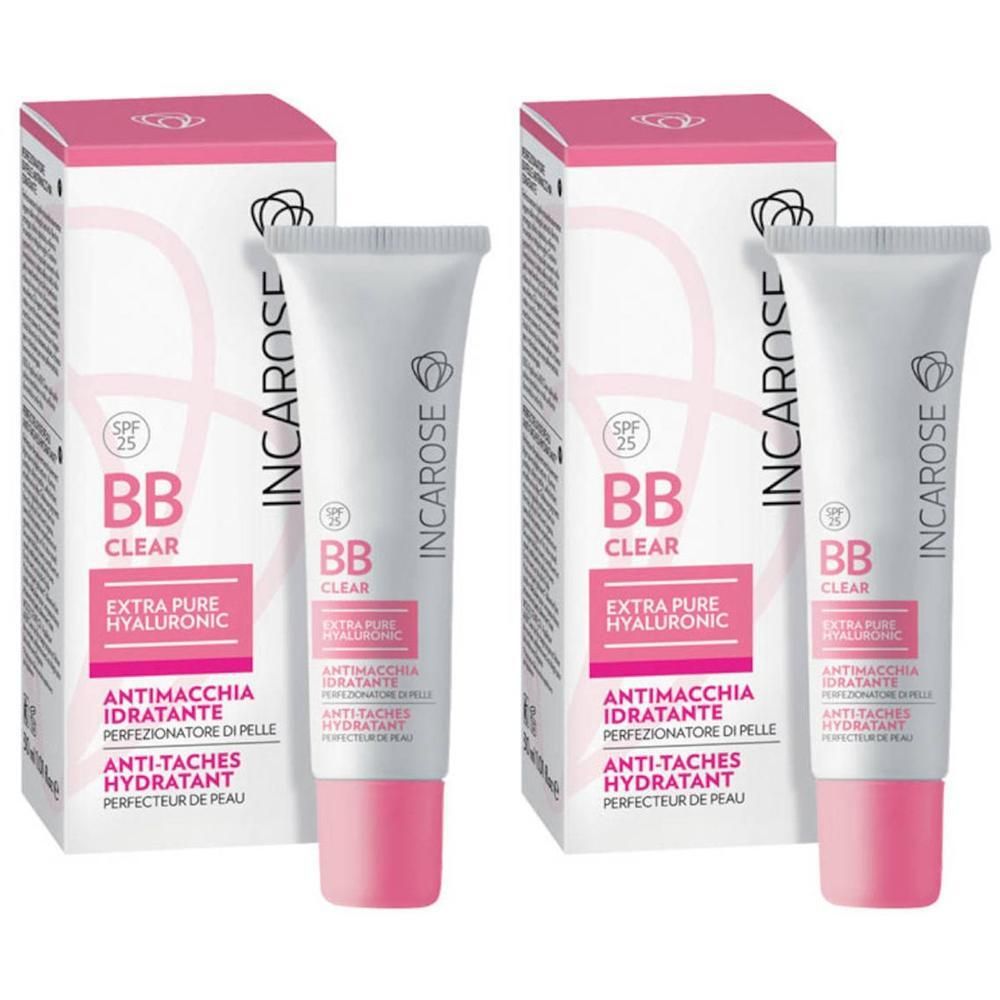 Twee tubes en dozen van INCAROSE BB CLEAR Extra Pure Hyaluronic met SPF 25.