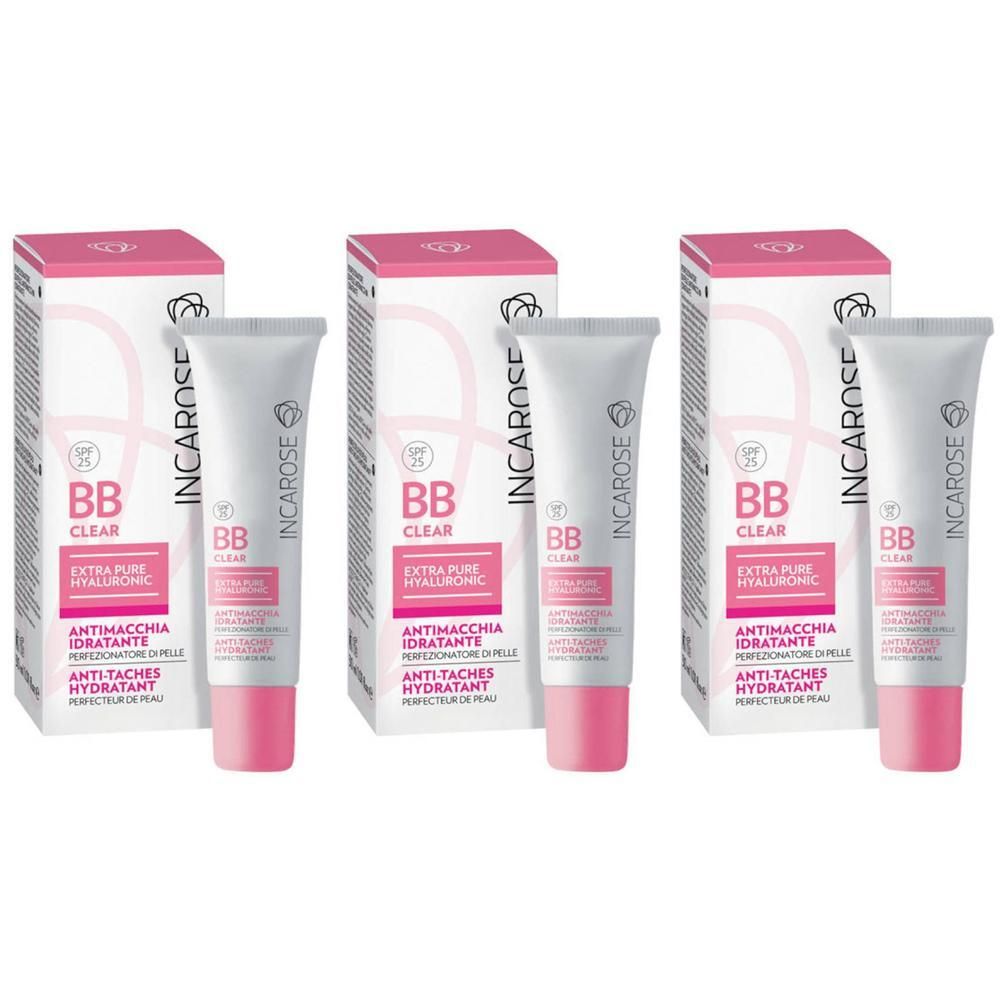 Drie tubes en dozen van Incarose BB Clear Extra Pure Hyaluronic Anti-Macchia Idratante.