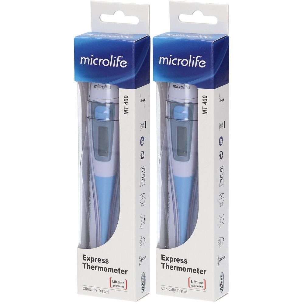 Deux thermomètres Microlife MT 400 Express dans leur emballage. Thermomètres numériques bleu et blanc avec écran LCD.