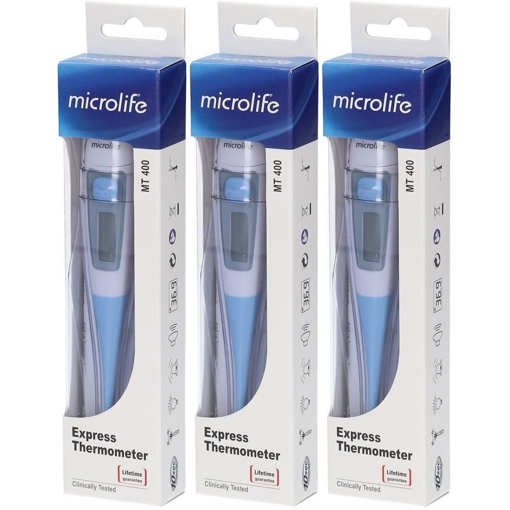 Trois thermomètres Microlife MT 400 Express blancs et bleus, emballés.