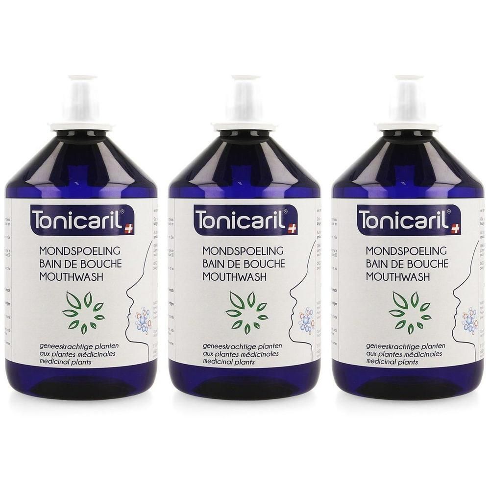 Trois bouteilles de bain de bouche Tonicaril avec des étiquettes indiquant 'Mondspoeling Bain de Bouche Mouthwash'.