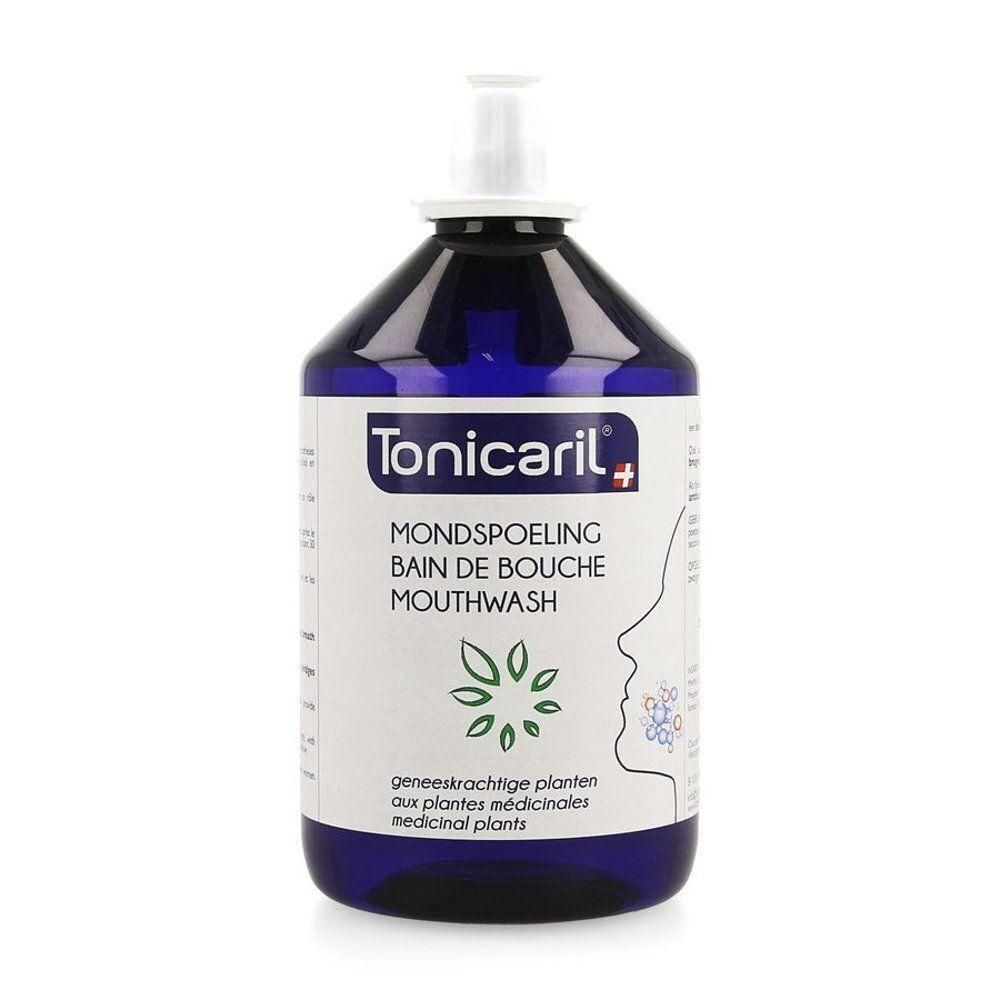 Bain de bouche Tonicaril dans une bouteille bleue avec bouchon blanc. Contient des extraits de plantes.