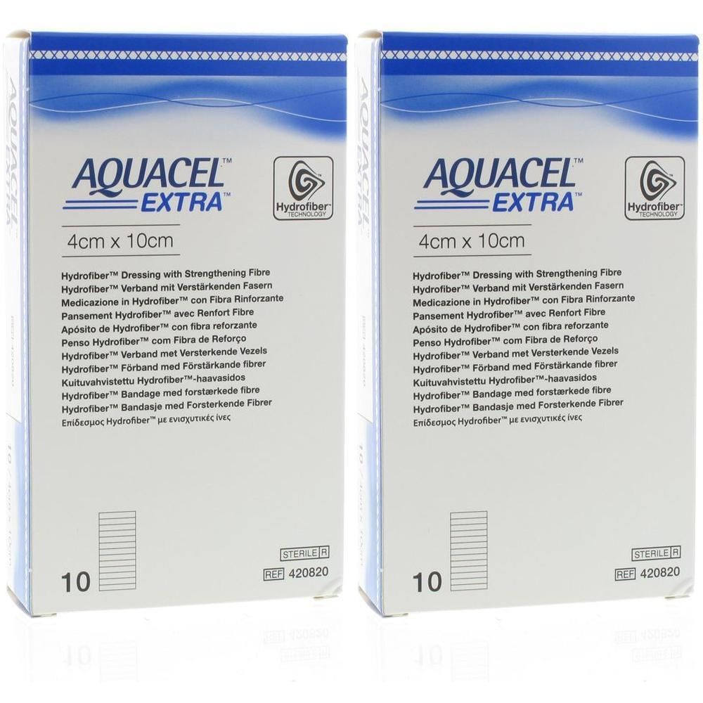 Deux paquets de pansement Aquacel Extra Hydrofiber 4cm x 10cm, stérile, avec fibres de renfort.
