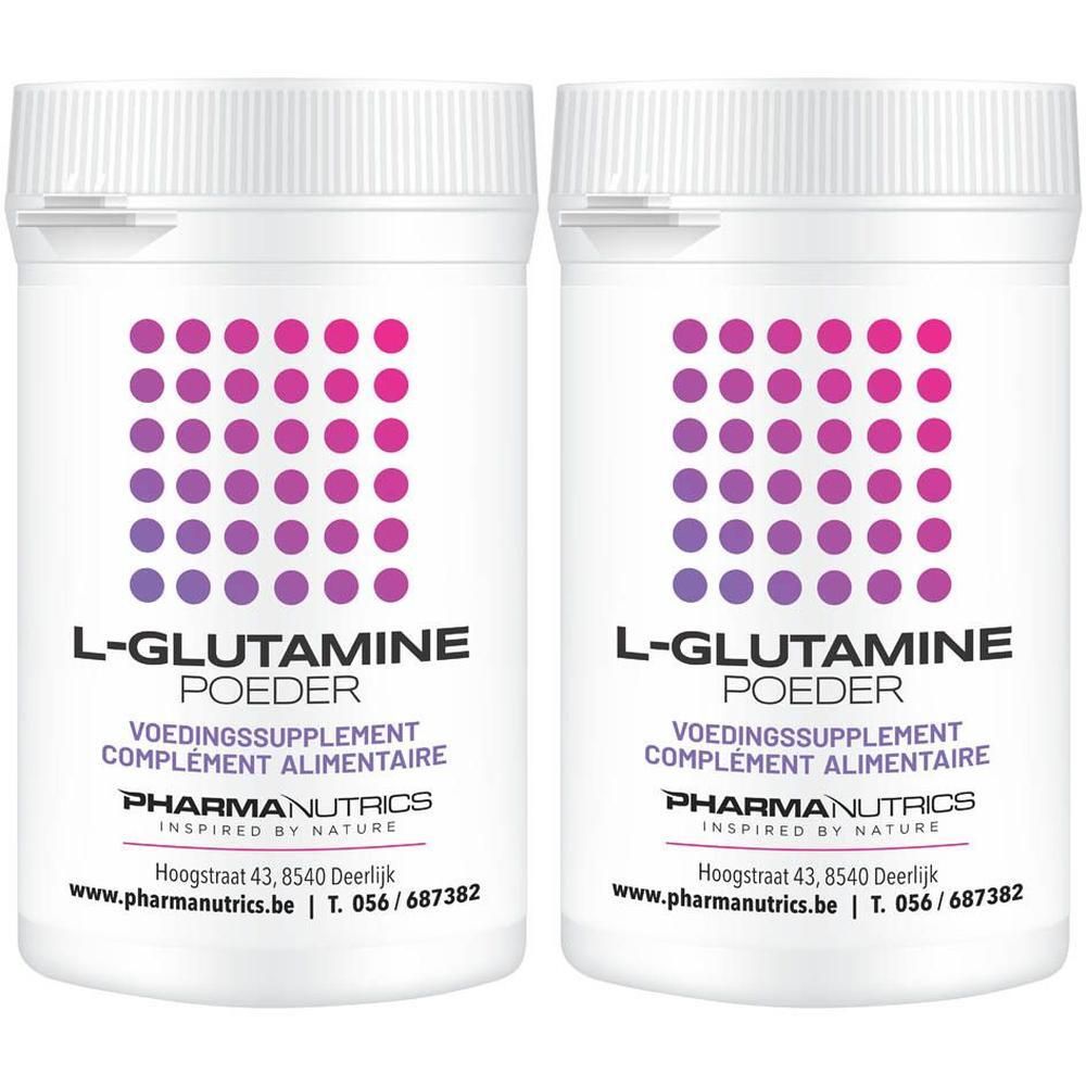 Twee witte potten met L-Glutamine poeder van PharmaNutrics.