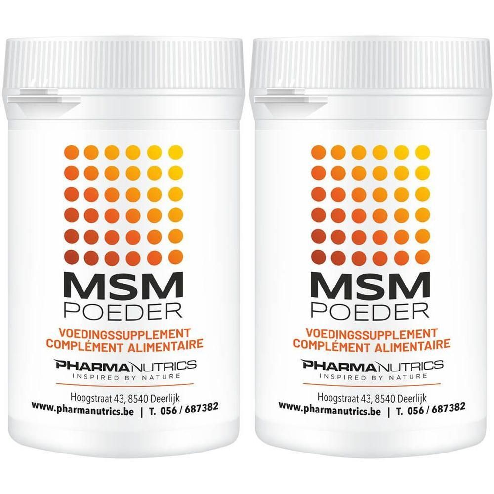 Twee potten PharmaNutrics MSM Poeder. Witte potten met oranje-geel puntpatroon en zwarte tekst.