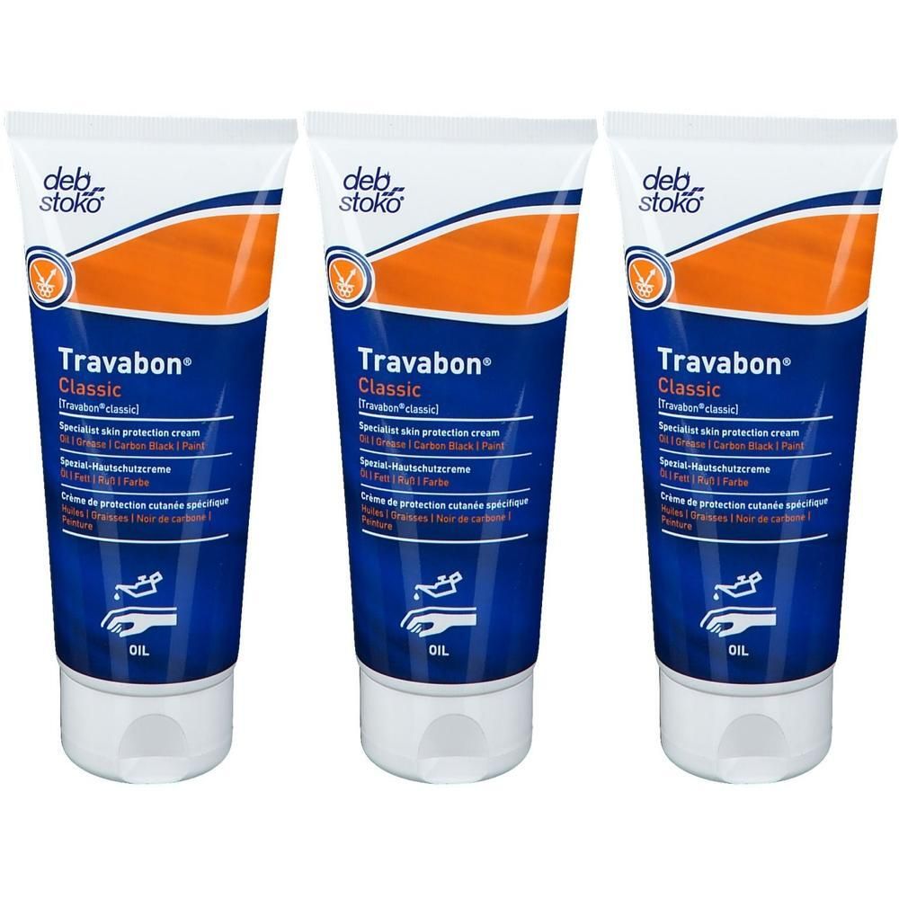 Trois tubes de crème de protection cutanée Travabon Classic, emballage bleu et orange.