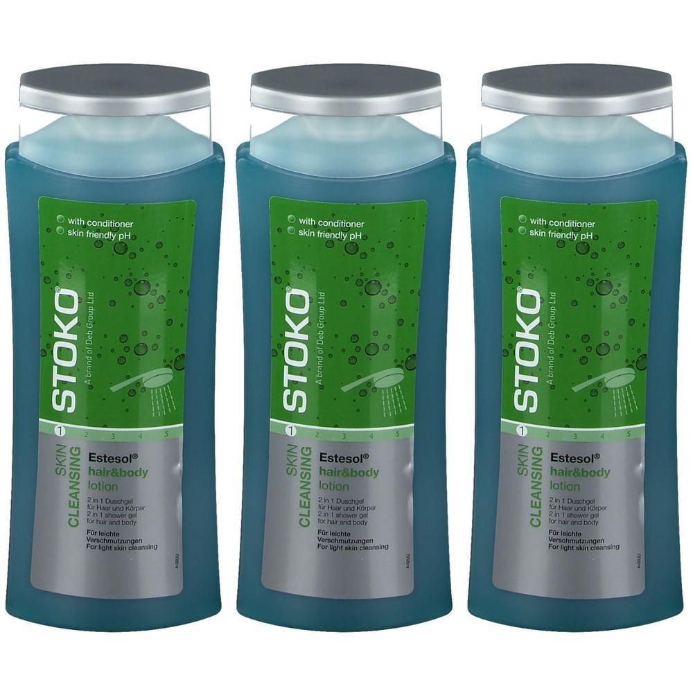Trois flacons de lotion STOKO Estesol pour peau et corps, nettoyant 2-en-1 avec après-shampoing.