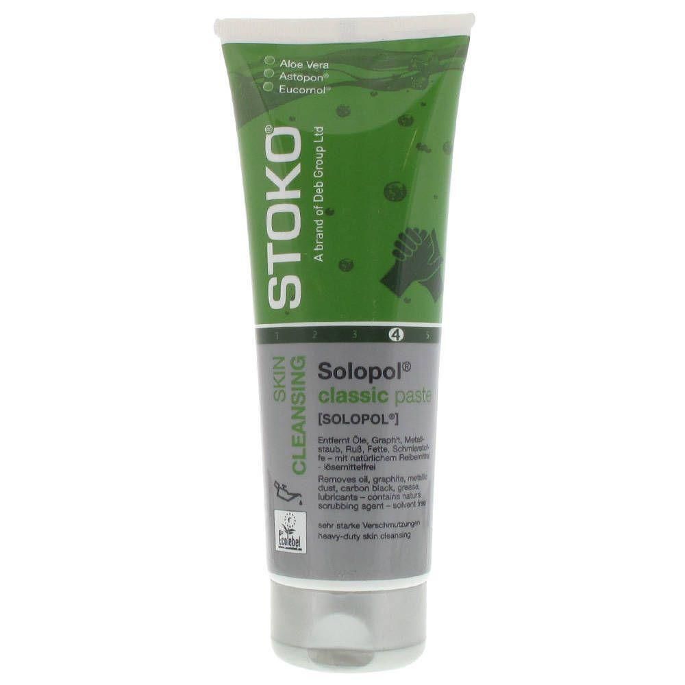 Stoko Solopol Classic Paste Huidreiniger Tube. Groene tube met witte dop. Bevat Aloë Vera, Antisepticum, Eucoranol.