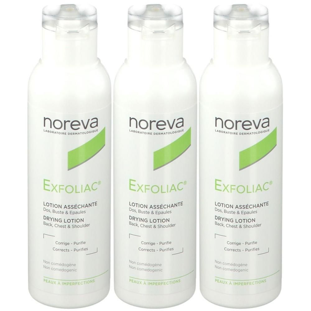 Trois flacons de Noreva Exfoliac Lotion Asséchante. Flacons blancs avec accents verts et texte noir.