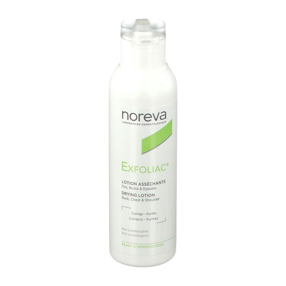 Flacon de lotion asséchante Noreva Exfoliac avec bouchon à clapet.