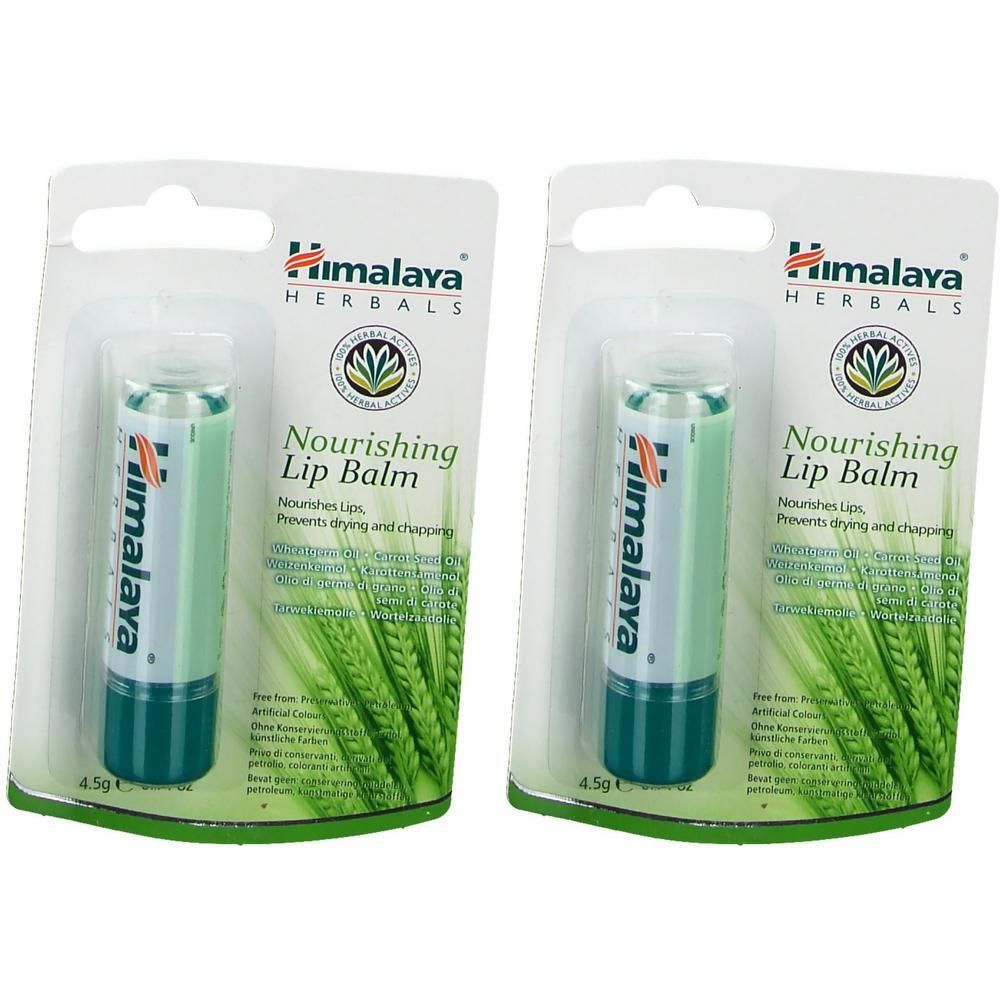 Twee Himalaya Nourishing Lip Balms in blisterverpakking. Groene sticks met wit etiket en turquoise dop.