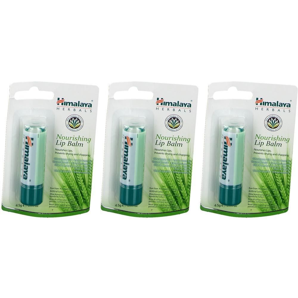 Trois baumes à lèvres nourrissants Himalaya en blister, étiquettes vertes et blanches.