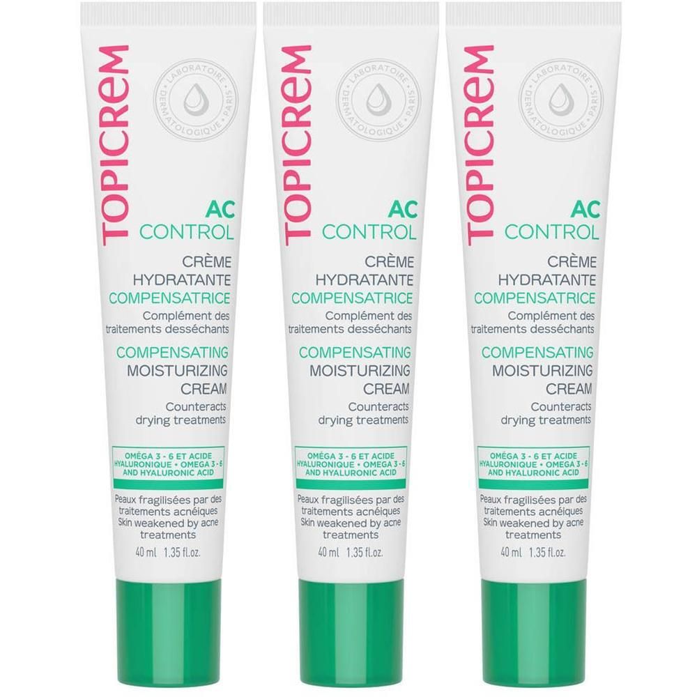 Trois tubes de crème hydratante compensatrice Topicrem AC Control. Chaque tube contient 40 ml.