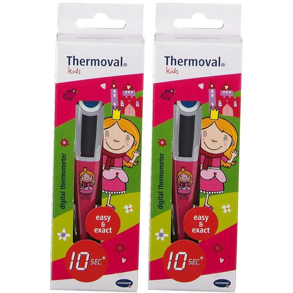 Deux thermomètres numériques pour enfants dans un emballage rose avec motif de princesse. Mesure en 10 secondes.