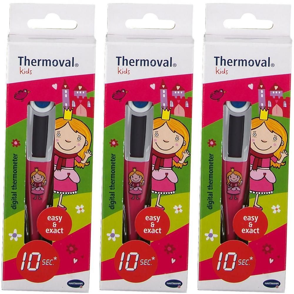 Trois paquets de thermomètres numériques pour enfants avec motif de princesse. Indique '10 sec.'.