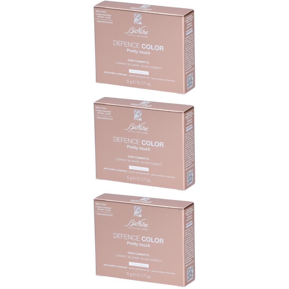 Trois boîtes de BioNike Defence Color Pretty Touch Blush couleur pêche, 5g.