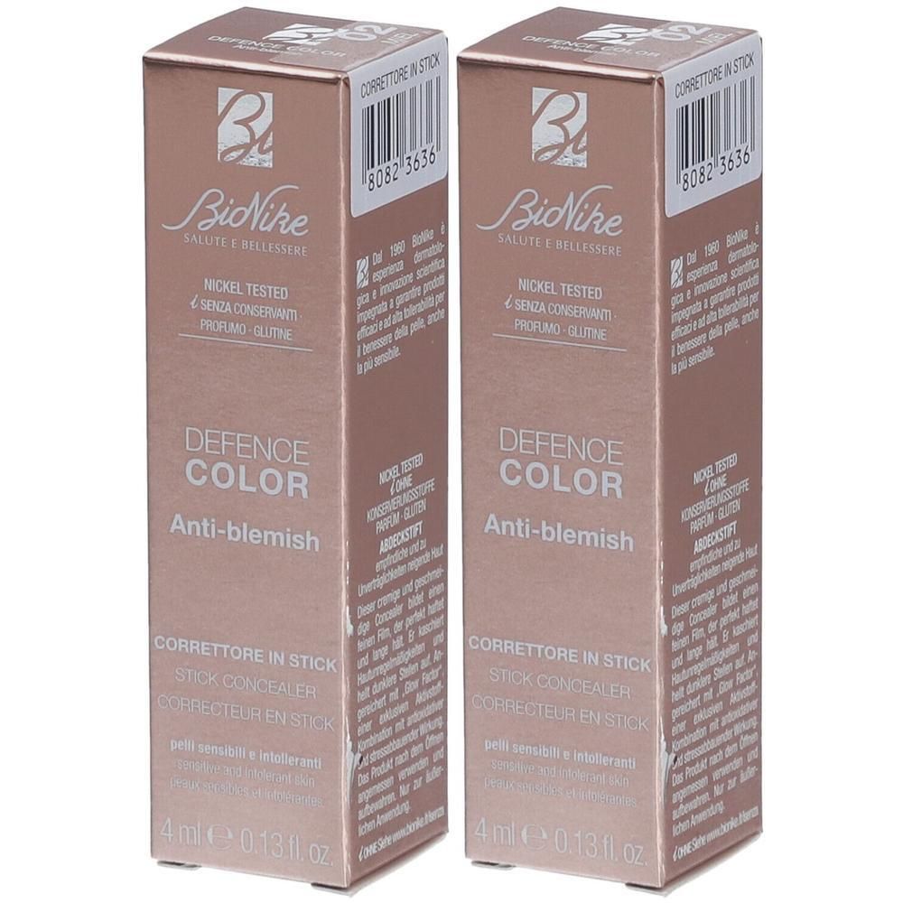 Twee BioNike Defence Color Anti-blemish stick correctors in roségouden verpakking. 4ml.
