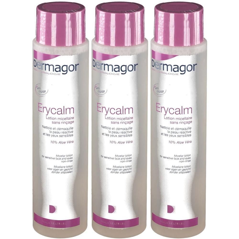 Trois flacons de lotion micellaire Dermagor Erycalm avec bouchons roses.