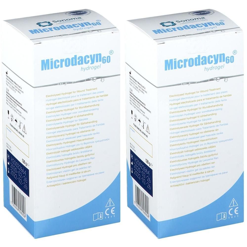 Twee verpakkingen Microdacyn 60 Hydrogel voor wonden. Kartonnen doos met productinformatie en CE-markering.