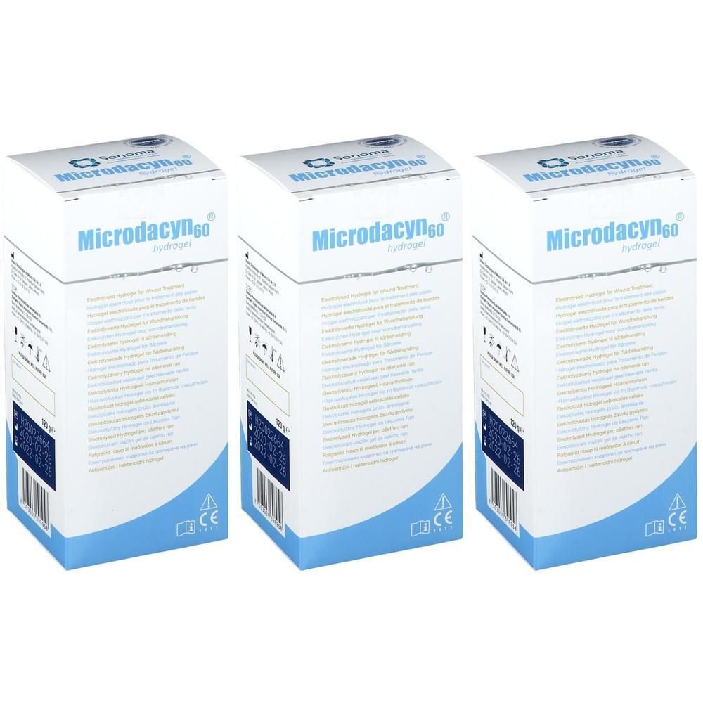 Trois boîtes de Microdacyn 60 Hydrogel, emballage bleu et blanc, marquage CE.