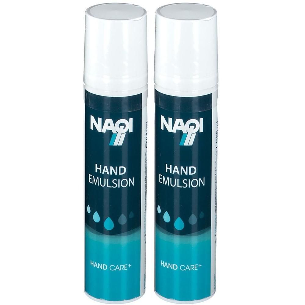 Twee flacons NAQI Hand Emulsion met witte dop en blauw etiket.