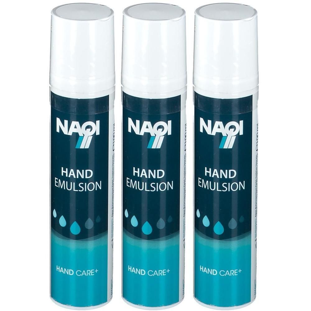 Drie flacons NAQI Hand Emulsion met witte dop en blauw etiket met waterdruppels.