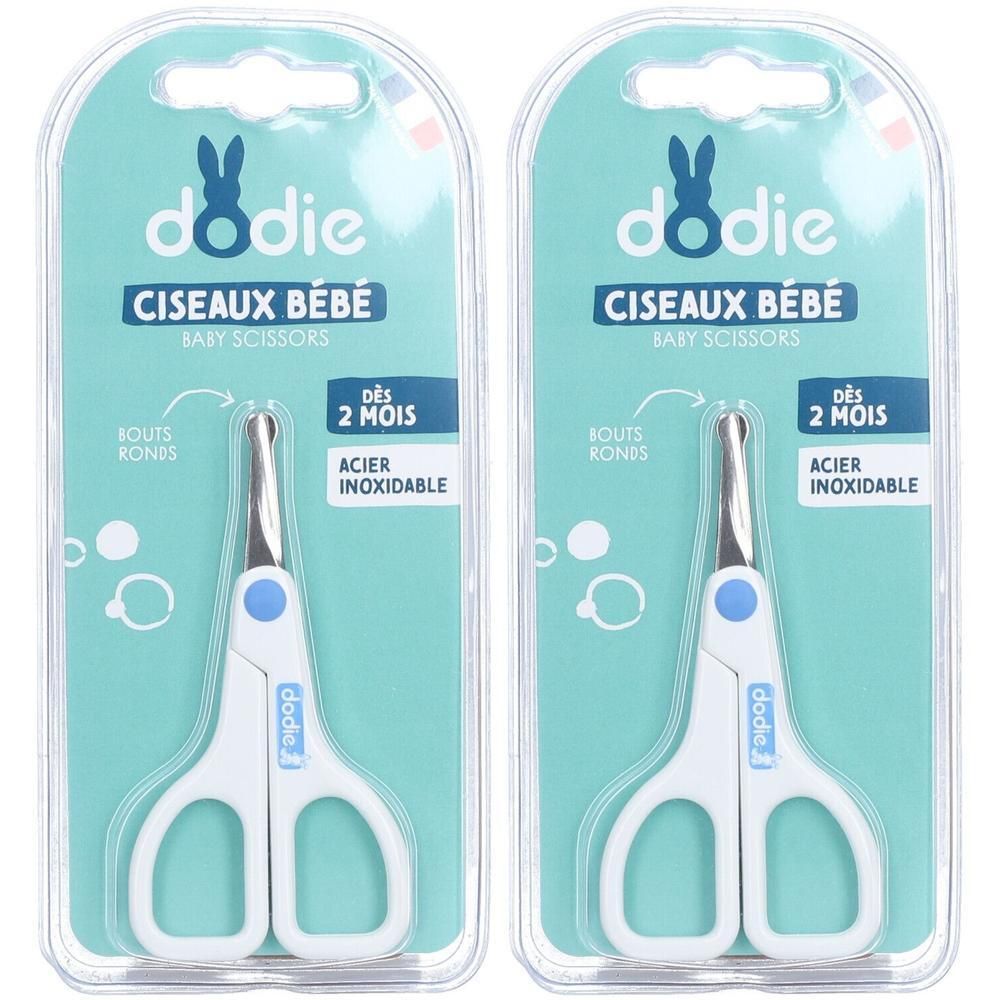 Deux paquets de ciseaux bébé blancs en acier inoxydable à bouts ronds.