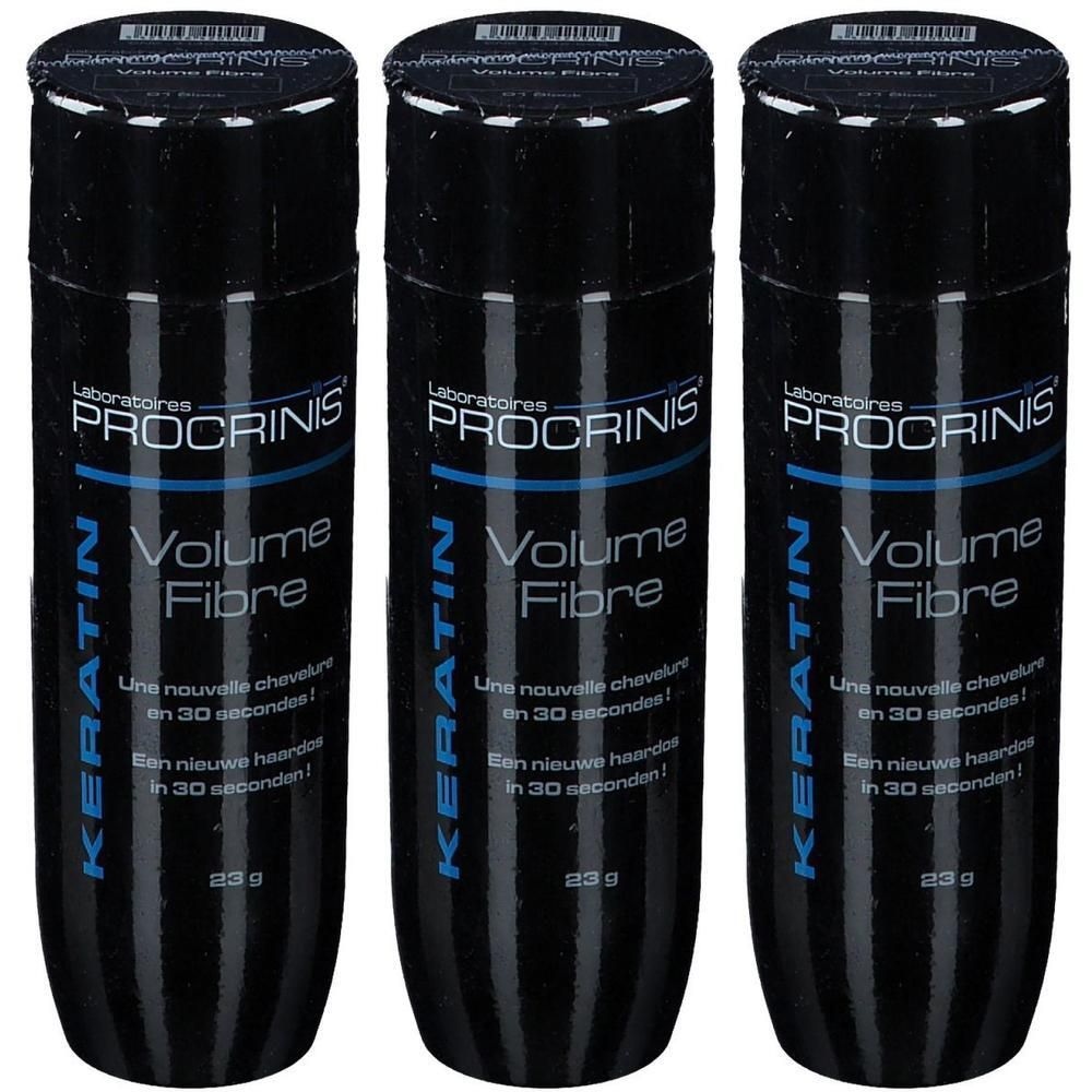 Drie zwarte containers van Procrinis Volume Fibre met keratine.